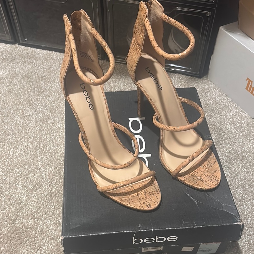 Bebe Tan Block Heel Sandals with Ankle Strap